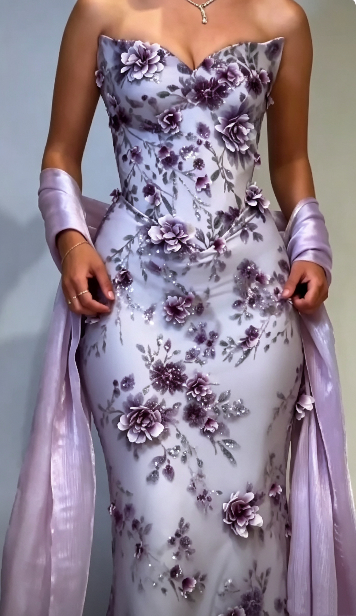 Vintage Purple Strapless Satin Floral Mermaid Long Party Dress Prom Dress D4361