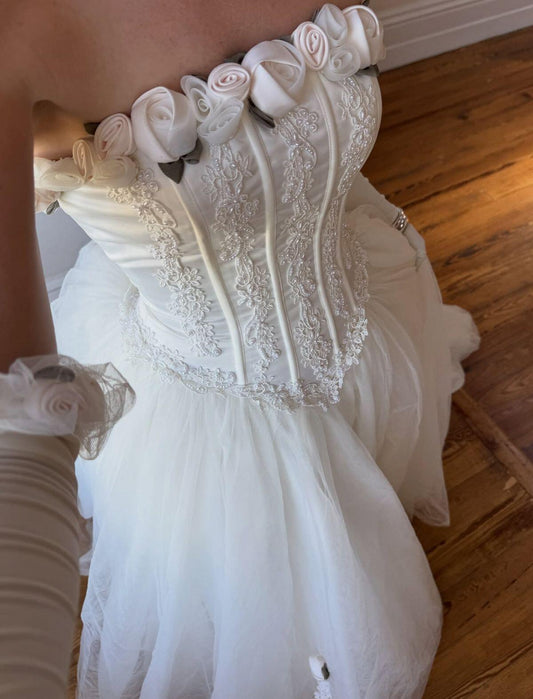 Charming Strapless White Tulle Beaded A Line Long Party Dress Prom Gown With 3D Flowers D3594