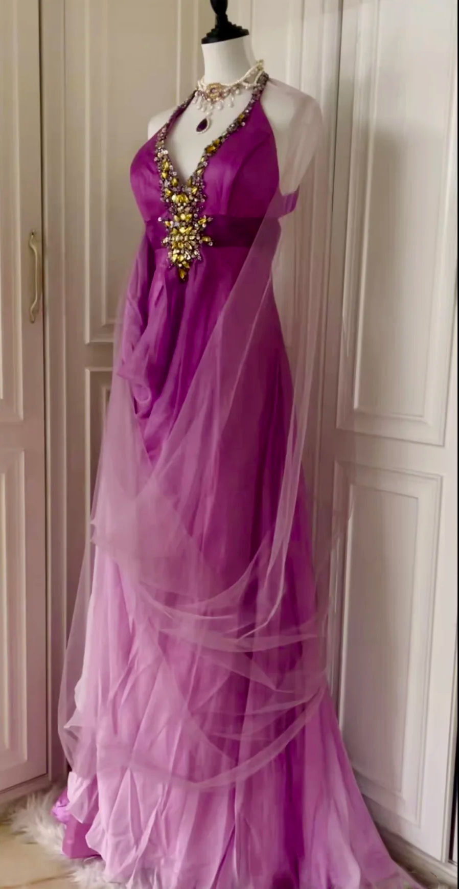Sexy Ombre Purple Halter Satin Beaded Mermaid Long Evening Dress Backless Birthday Prom Dress D3095