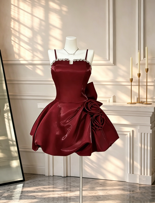 Charming Burgundy Spaghetti Straps Satin 3D Rose Floral Short Cocktail Dress Birthday Outfits With Beads D2620