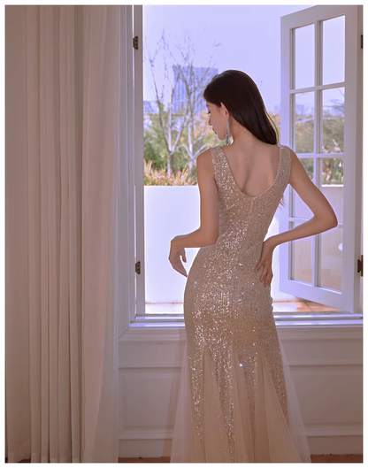 Glitter V Neck Champagne Silver Sequin Tulle Mermaid Long Evening Dress Party Gown D2399