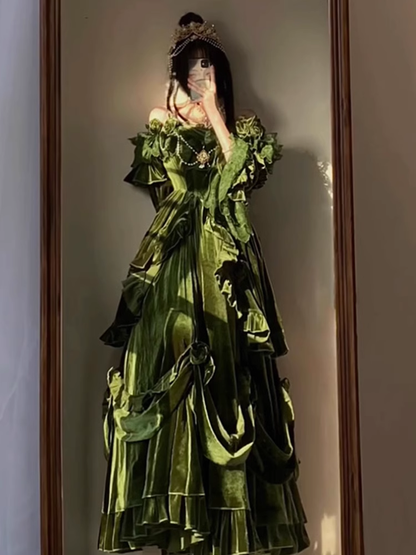 Chic Ball Gown Strapless Long Sleeves Floral Ruffles Green Prom Dresses Birthday Outfits SD459