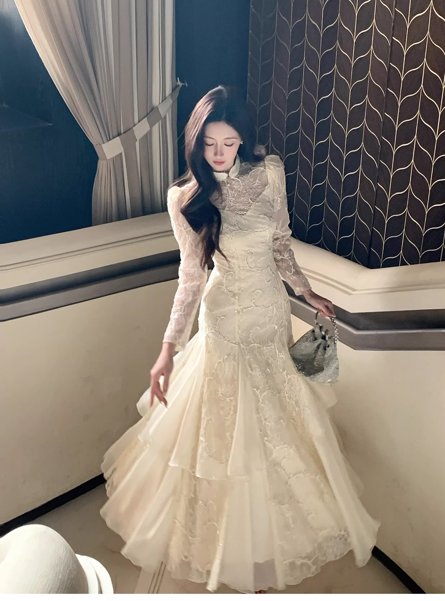 Pretty Beige Tulle Lace Mermaid Long Evening Dress Birthday Prom Dress D2181