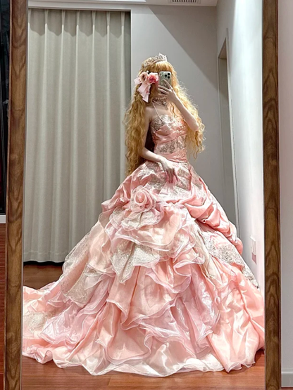 Retro Strapless Ball Gown Pink Satin Tulle Pleated Appliques Quinceanera Dress Sweet 16 Dress D1702