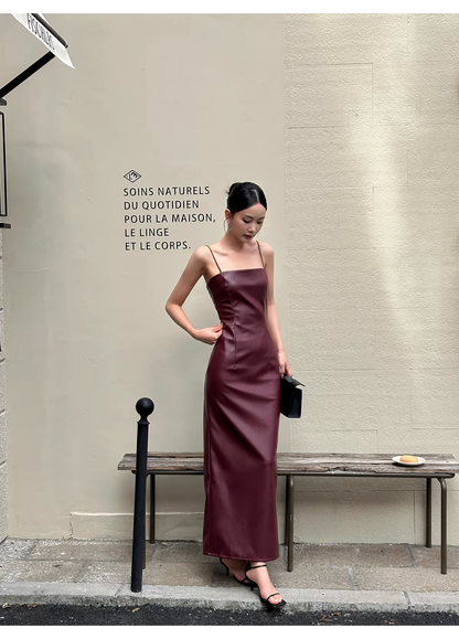 Fashion Spaghetti Straps Burgundy Sheath Long Party Dress Birthday Evening Dress D2124