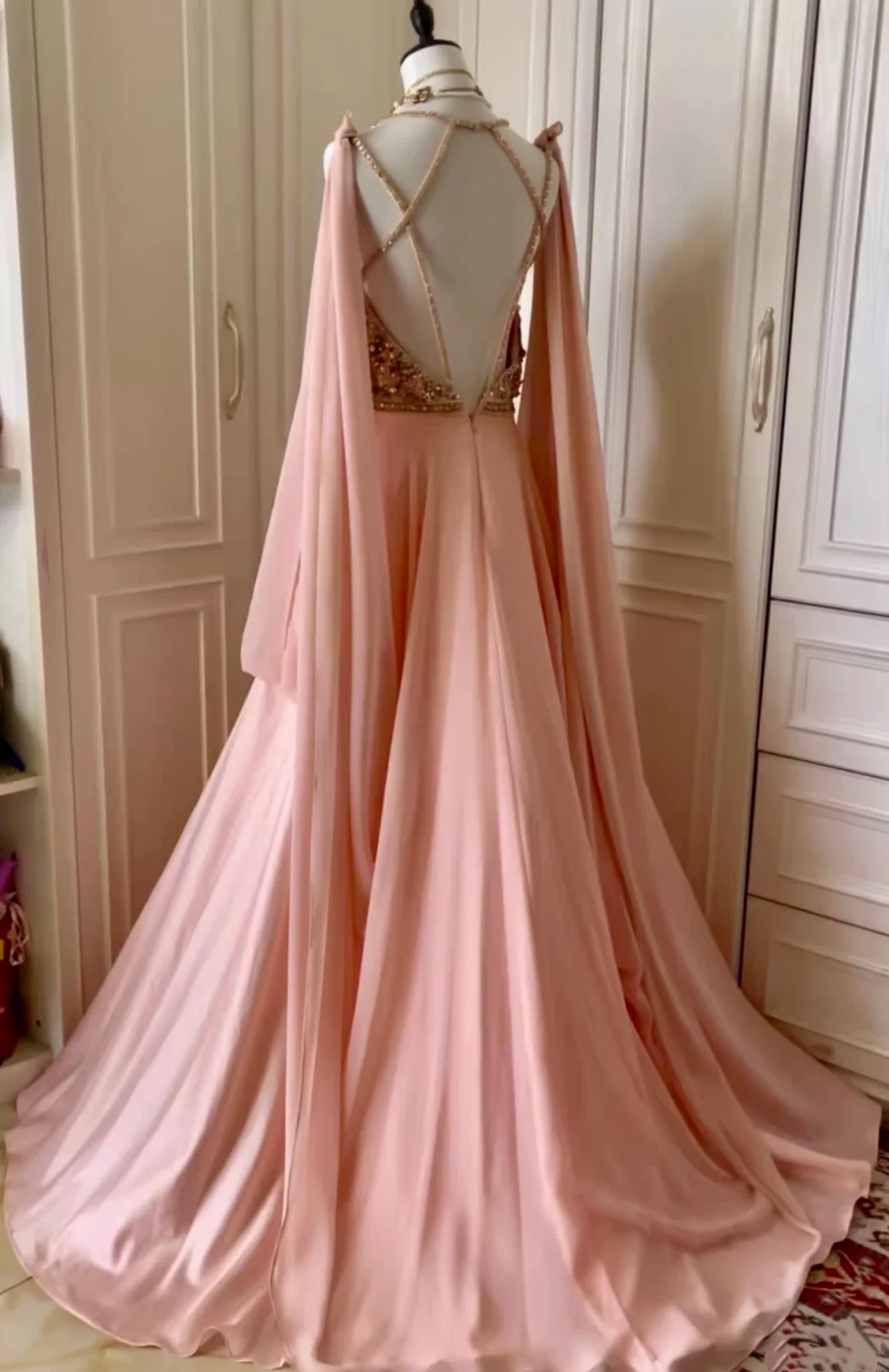 Gorgeous Spaghetti Straps V Neck Chiffon Sequin Beaded Long Wedding Guest Dress,Pink Mermaid Evening Dress D3098