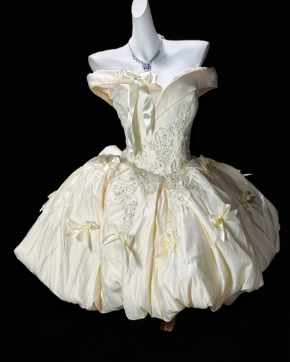 Sweet Off The Shoulder Satin Appliques Off White A Line Short 8th Grade Homecoming Dress With Bow D3772