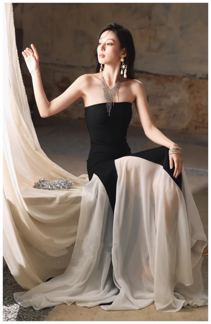 Pretty Strapless Satin Chiffon Mermaid Long Evening Dress Formal 17th Birthday Outfits D2444