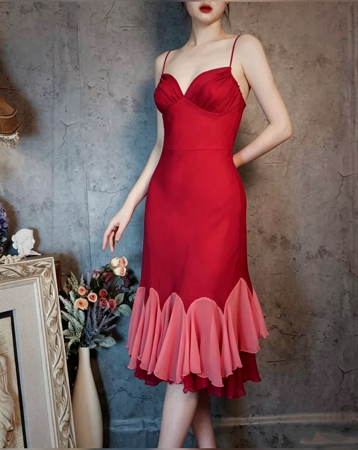 Vintage Spaghetti Straps Fuchsia Satin Chiffon Ruffles Mermaid Party Dress Long Evening Gown D1477