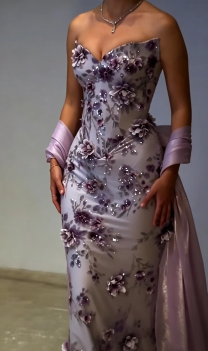 Vintage Purple Strapless Satin Floral Mermaid Long Party Dress Prom Dress D4361