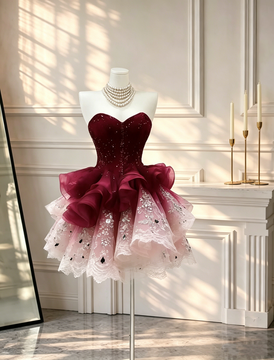 Gorgeous Ombre Red Tulle Beaded A Line Short Graduation Homecoming Dress Strapless Mini Birthday Dress D2621