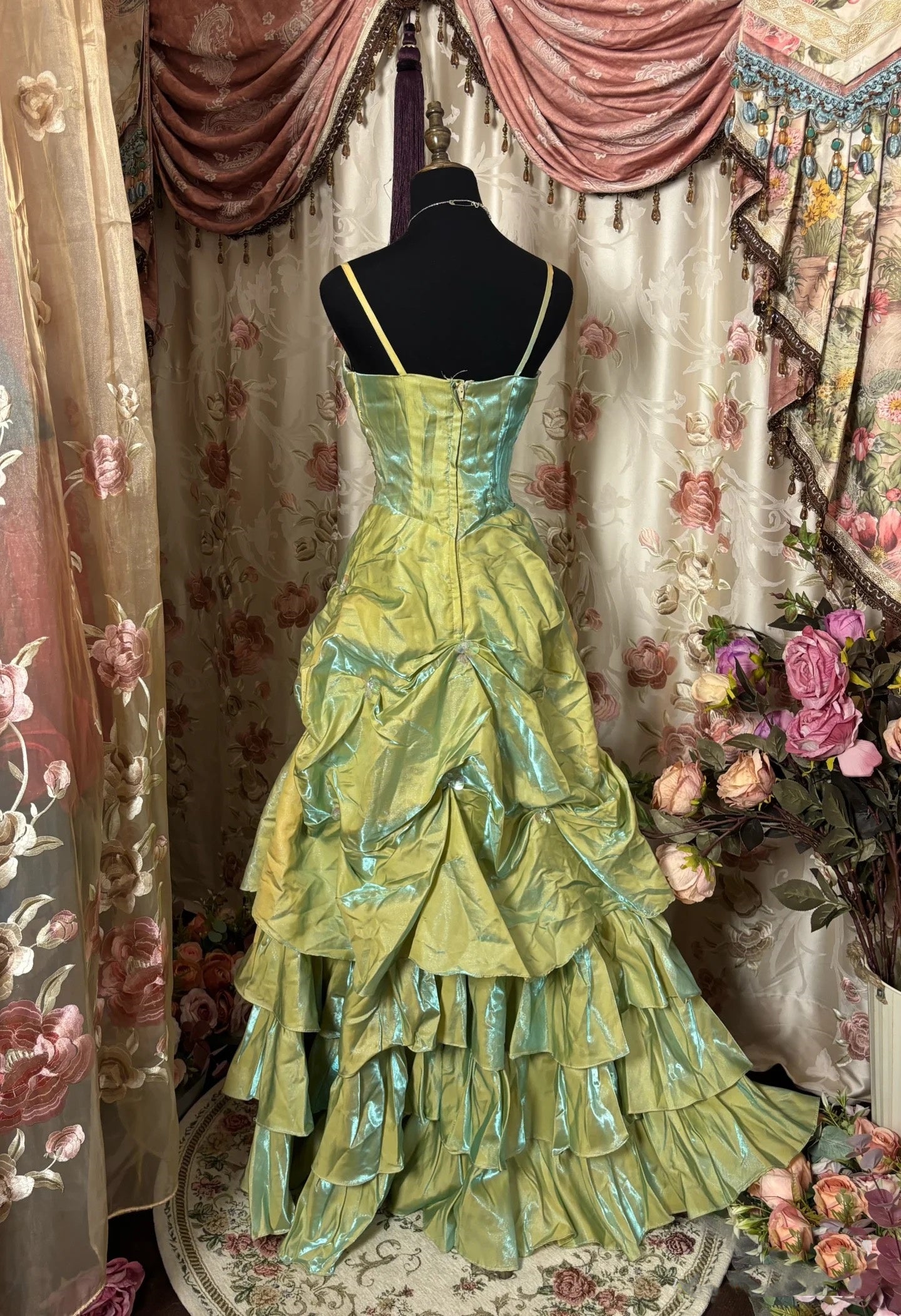 Retro Ball Gown Straps Satin Sage Green Long Party Dress Prom Dresses SD1506