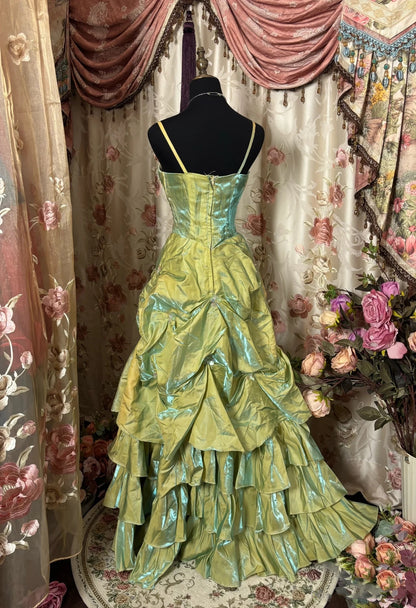 Retro Ball Gown Straps Satin Sage Green Long Party Dress Prom Dresses SD1506