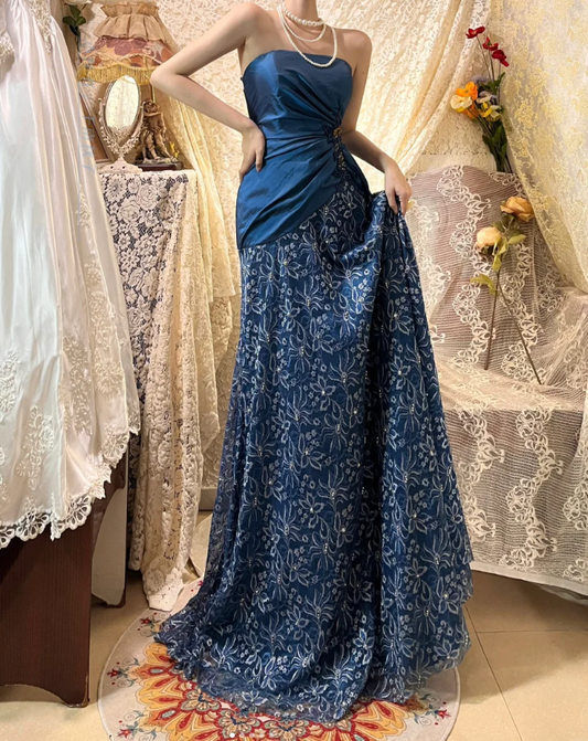 Vintage Navy Blue Strapless Satin Lace Beaded Mermaid Long Evening Dress Birthday Party Gown D21120