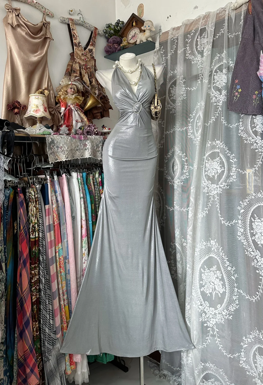 Sexy Silver Gray Halter V Neck Mermaid Long Evening Dress Party Gown D2883
