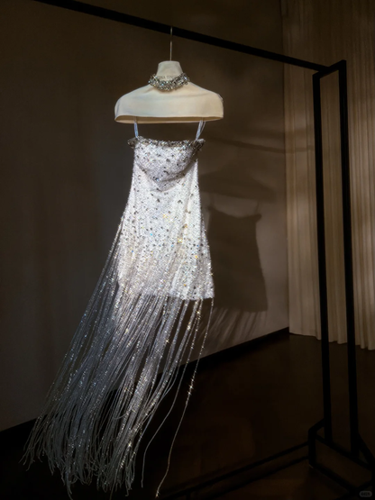 Sparkly Strapless White Sequin Beaded Tassel Sheath Short 6th Grade Homecoming Dress Cocktail Dress D3061
