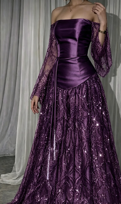 Pretty Pink Satin Lace Sequin Long Party Dress Off The Shoulder Long Wedding Guest Dress D4280