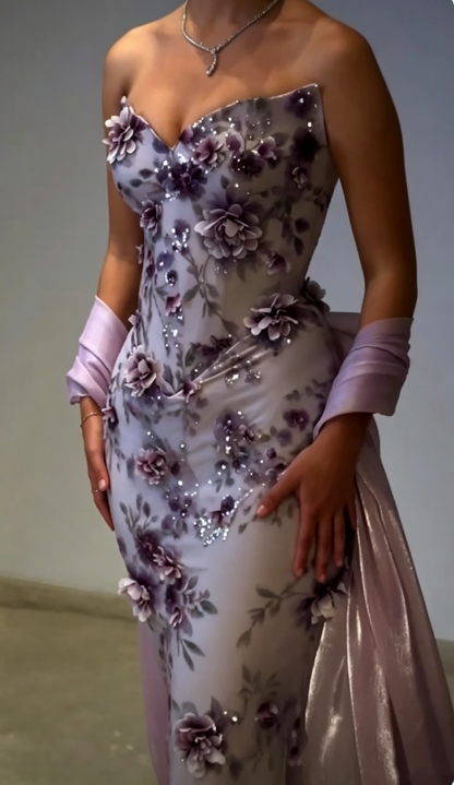 Vintage Purple Strapless Satin Floral Mermaid Long Party Dress Prom Dress D4361