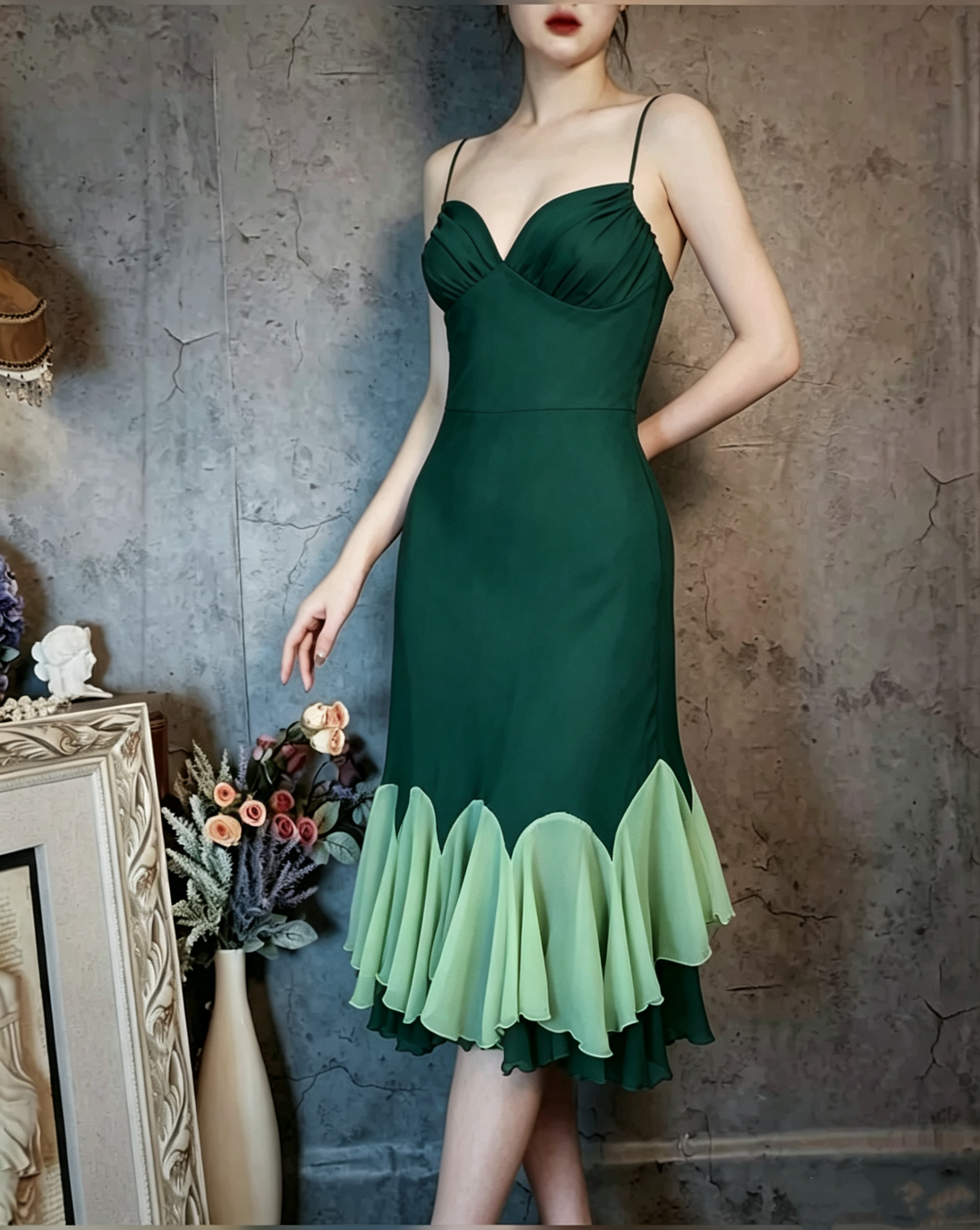 Vintage Spaghetti Straps Fuchsia Satin Chiffon Ruffles Mermaid Party Dress Long Evening Gown D1477