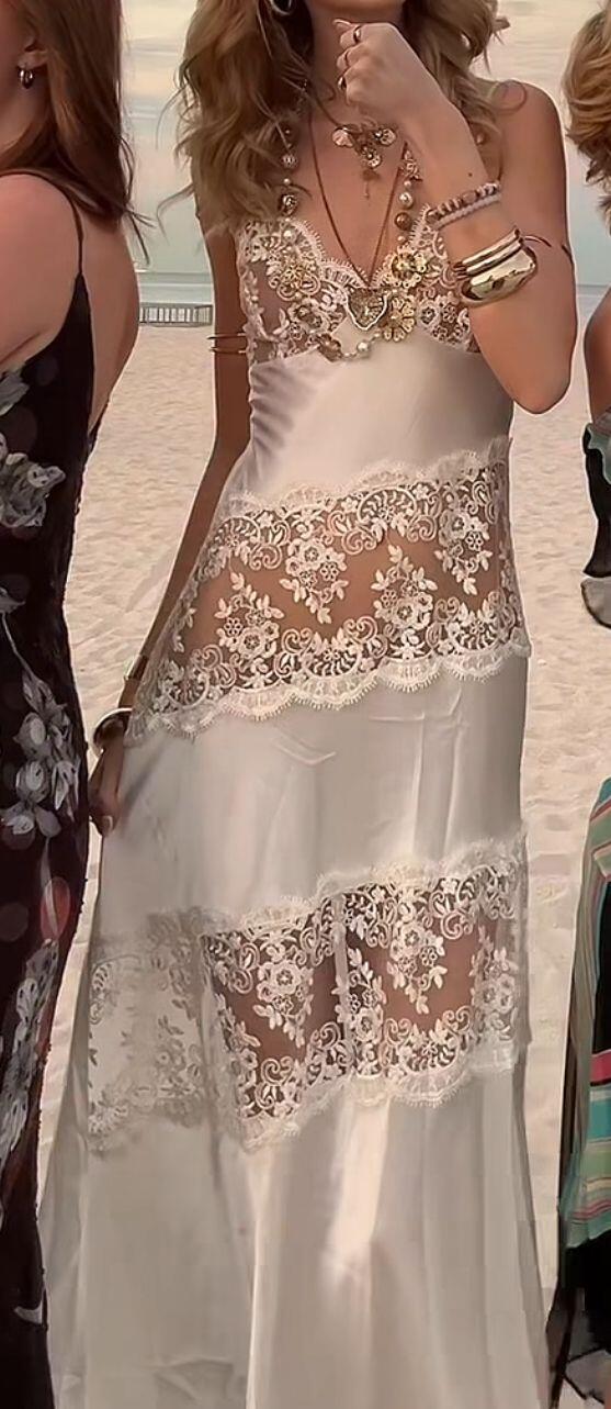 Sexy Spaghetti Straps White Satin Lace Long Evening Dress Birthday Party Dress D4323