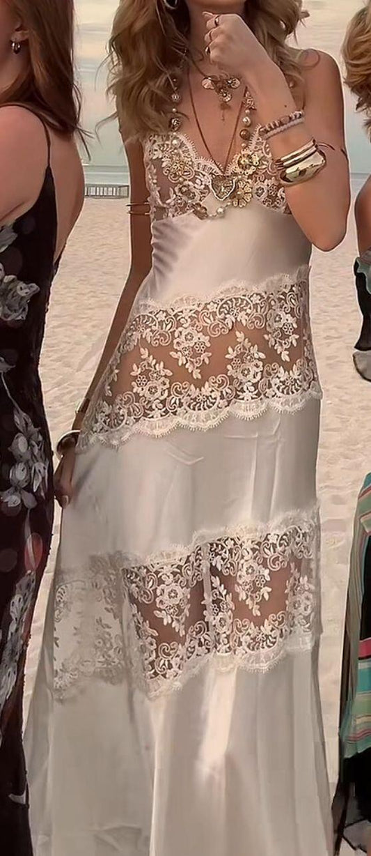 Sexy Spaghetti Straps White Satin Lace Long Evening Dress Birthday Party Dress D4323
