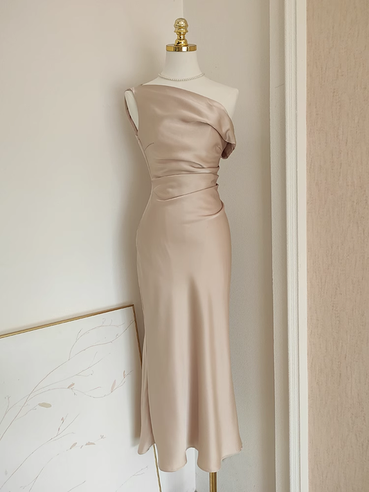 Sexy Sheath Boat Sleeveless Champagne Satin Party Dress Holiday Dresses SD349