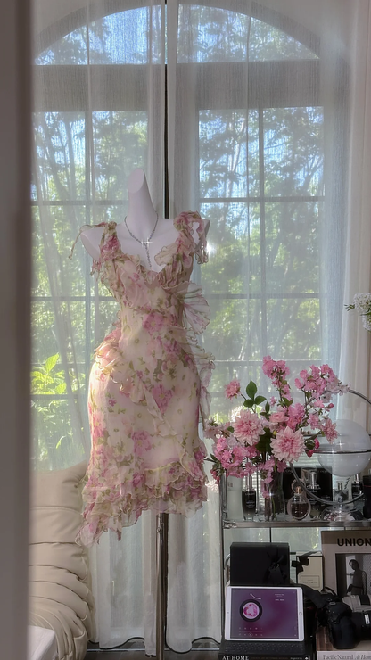 Cute Pink V Neck Chiffon Print Floral Ruffles Short Homecoming Dress 15th Birthday Outfits D2525