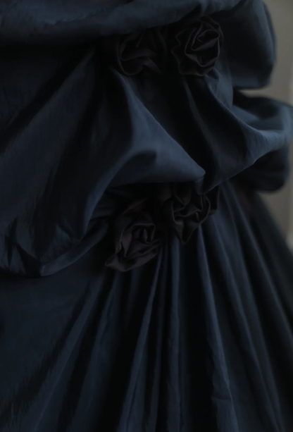 Vintage Navy Blue Strapless Satin Pleated Mermaid Long Evening Dress Birthday Prom Dress D2328