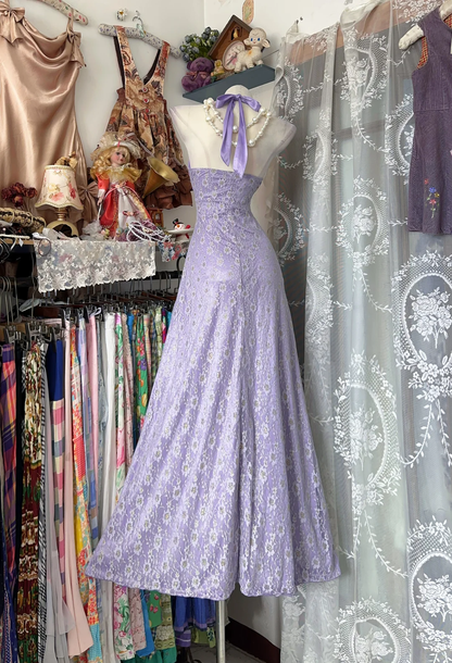 Pretty Lavender Halter Satin Lace Mermaid Long Party Dress Evening Gown D3215