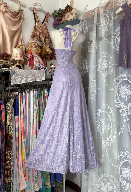 Pretty Lavender Halter Satin Lace Mermaid Long Party Dress Evening Gown D3215