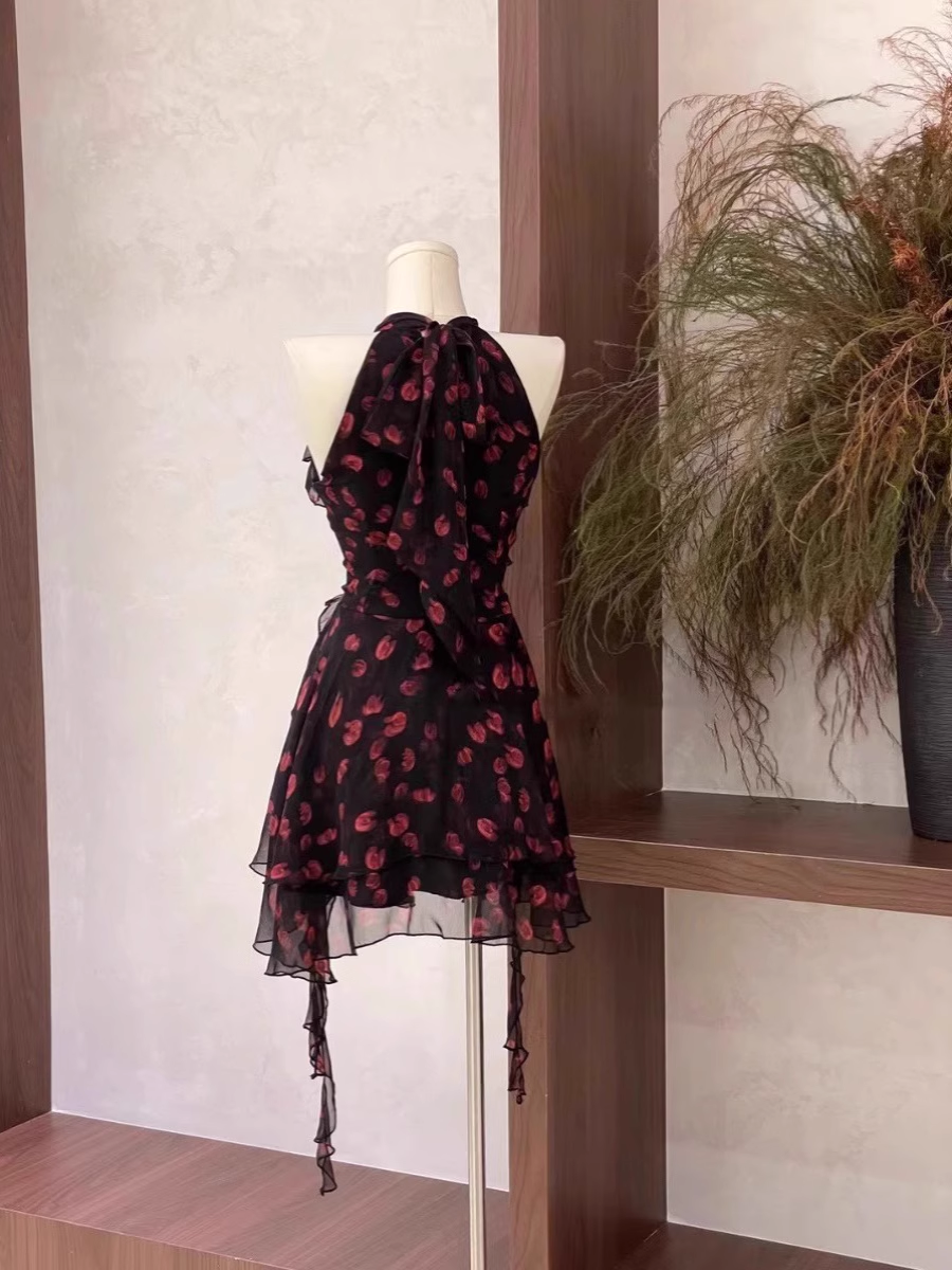 Burgundy Print Floral Chiffon Sleeves Short Holiday Dress Party Dress S245