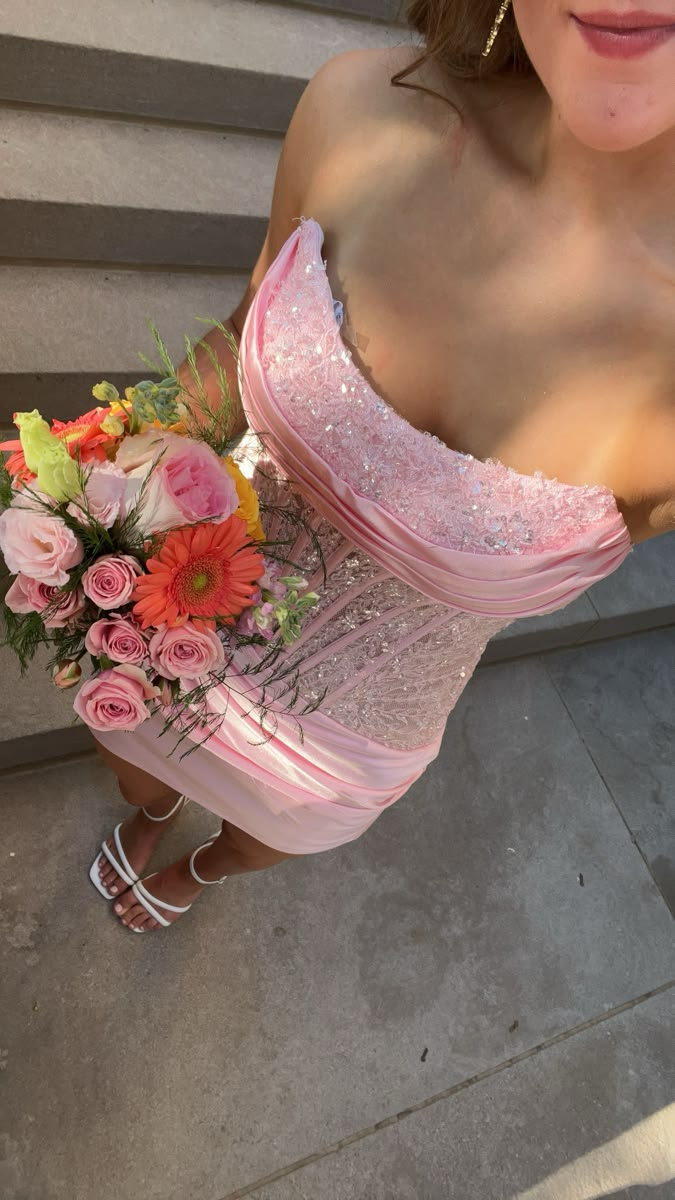 Pretty Pink Strapless Satin Sequin Pleated Sheath Short 15th Birthday Outfits Formal Graduation Homecoming Dress D3029