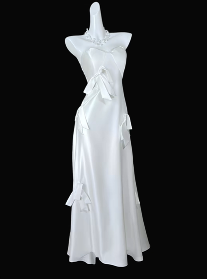 Fairy Sweetheart Neck White Satin Bow Long Party Dress Long Wedding Guest Dress D4167