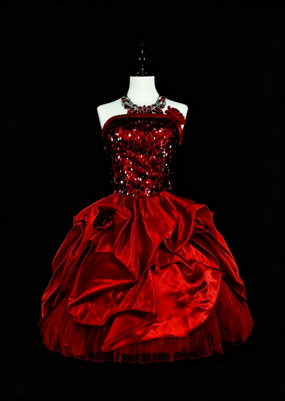 Sparkly Strapless Red Satin Tulle Sequin A Line Short Homecoming Dress Cocktail Dress D4053