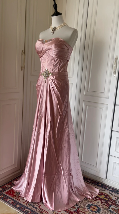 Fashion Strapless Satin Pleated Beaded Mermaid Party Gown,Pink Long Evening Dress D3109