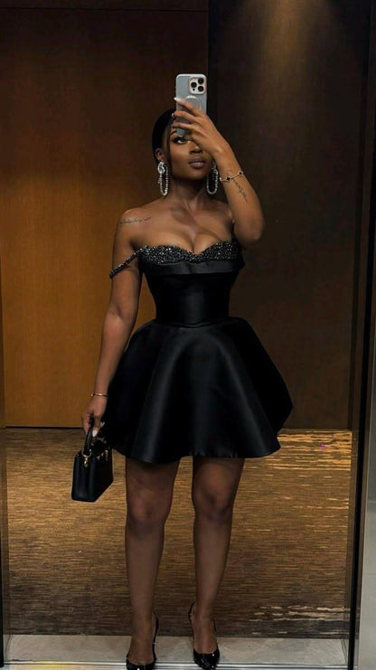 Gorgeous Spaghetti Strap Black Satin Beaded Short Homecoming Dress Cocktail Dress D4659