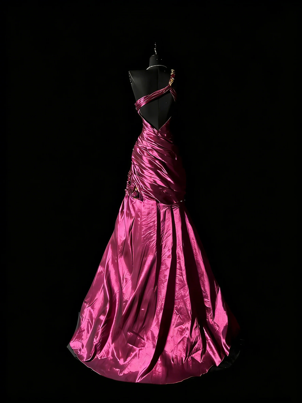 Charming One Shoulder Satin Pleated Beaded Mermaid Long Prom Dresses Hot Pink Backless Long Evening Dress D4889