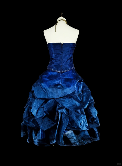 Pretty Blue Strapless Satin Tulle Pleated Beaded A Line Short Homecoming Dress Cocktail Dress D4061