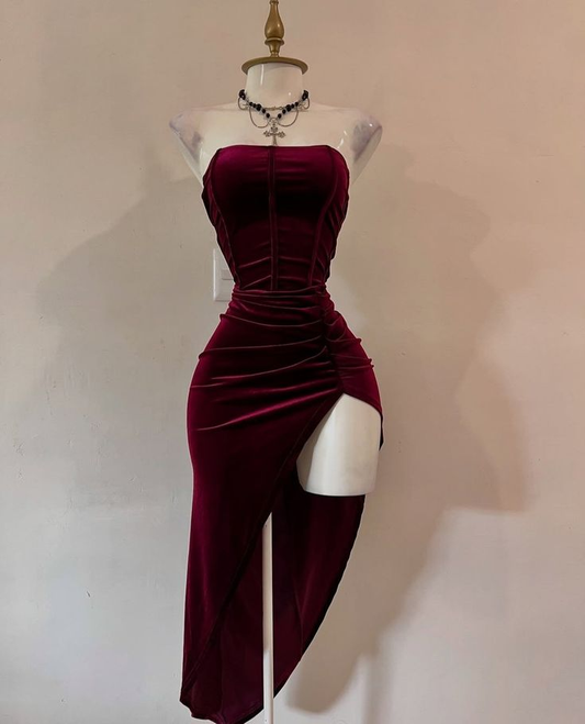 Sexy Strapless Slit Party Dress Burgundy Birthday Dress  S268