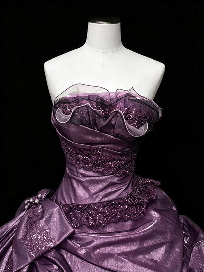 Charming Strapless Purple Satin Tulle Pleated Quinceanera Dress Sweet 16 Dress D5234