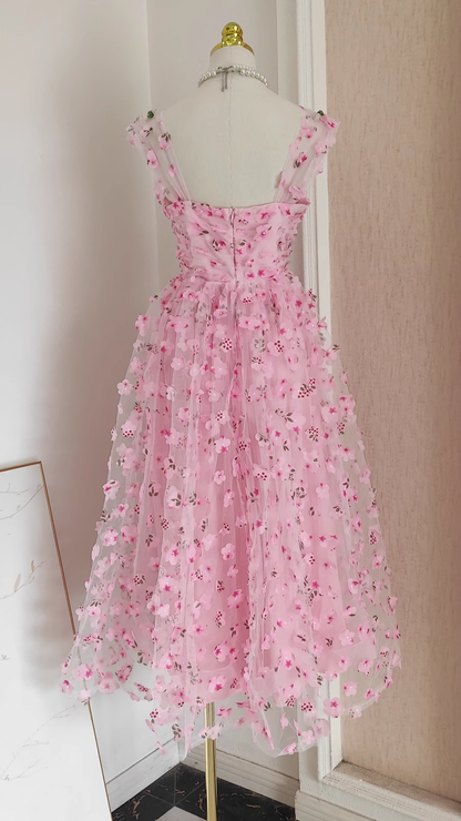 Chic A Line Straps Pink Floral Tulle Lace Prom Dresses Birthday Outfits SD377