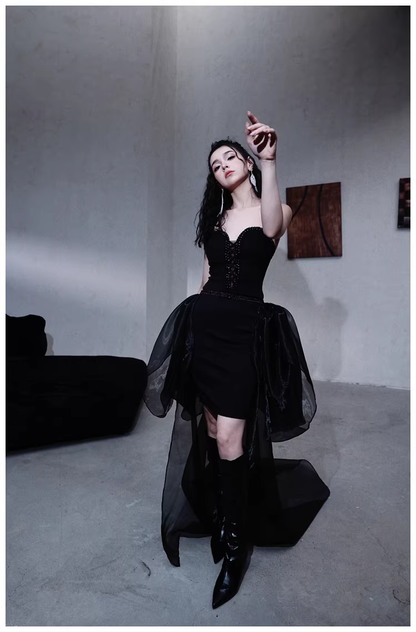 Gorgeous Black Organza Satin Beaded Long Party Dress Birthday Evening Dress D2445