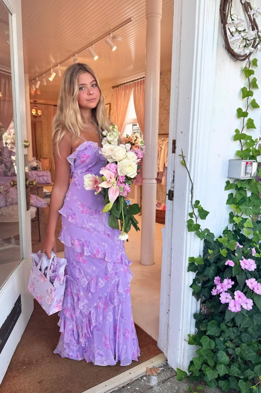 Pretty Spaghetti Straps Purple Chiffon Print Floral Ruffles Mermaid Evening Dress Long Party Gown D3434