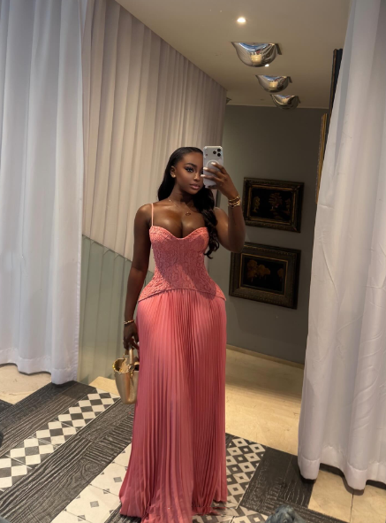 Pretty Spaghetti Straps Pink Satin Pleated A Line Party Dress Long Wedding Guest Dress D3552