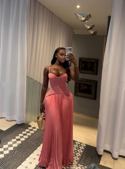 Pretty Spaghetti Straps Pink Satin Pleated A Line Party Dress Long Wedding Guest Dress D3552