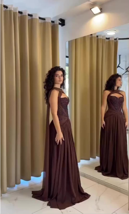 Charming Brown Chiffon Beaded A Line Long Wedding Guest Dress Formal Evening Dress D2979