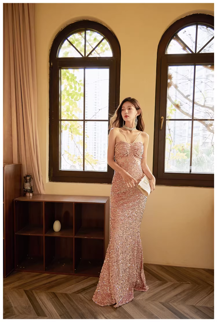 Glitter Blue Sequin Mermaid Long Wedding Guest Dress Formal Evening Dress Party Gown D2440