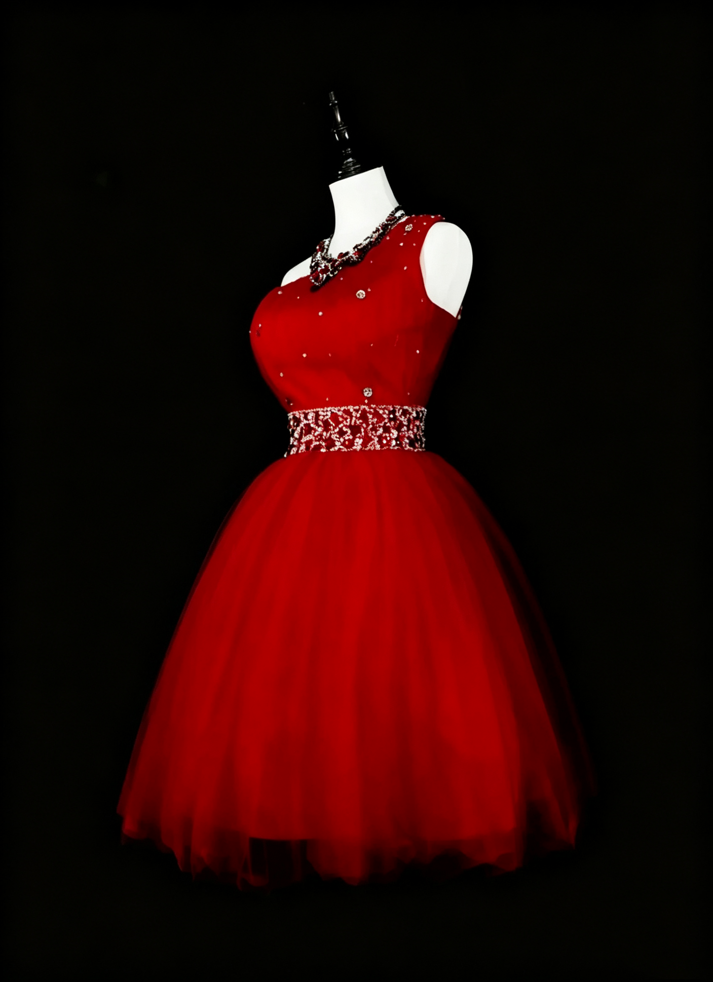 Charming One Shoulder Tulle Beaded A Line Short Party Dress,Red Short 15th Birthday Outfits D4054