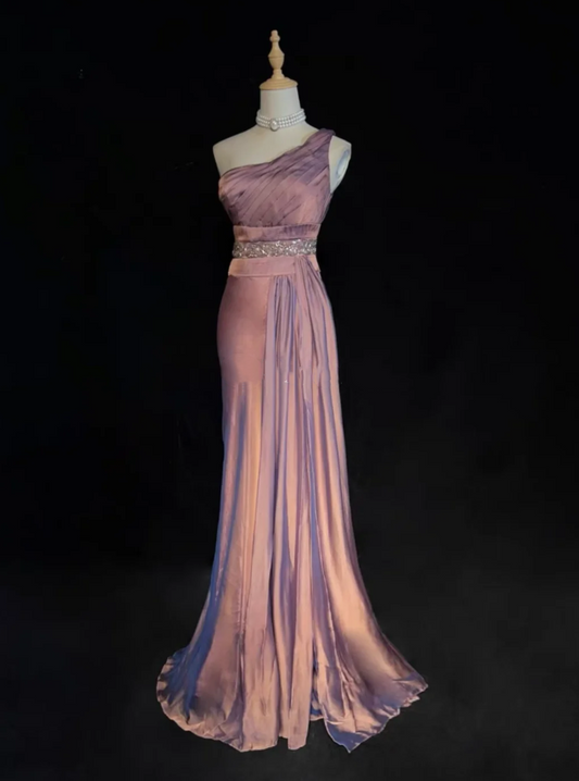 Pretty One Shoulder Pink Satin Pleated Beaded Mermaid Long Evening Dress Formal Birthday Party Dress D1847