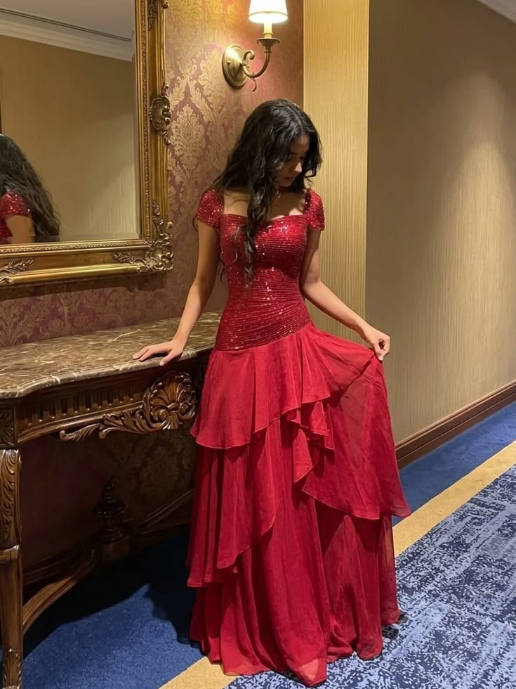 Charming Red Sequin Chiffon Layered A Line Long Party Dress Prom Dresses D4817